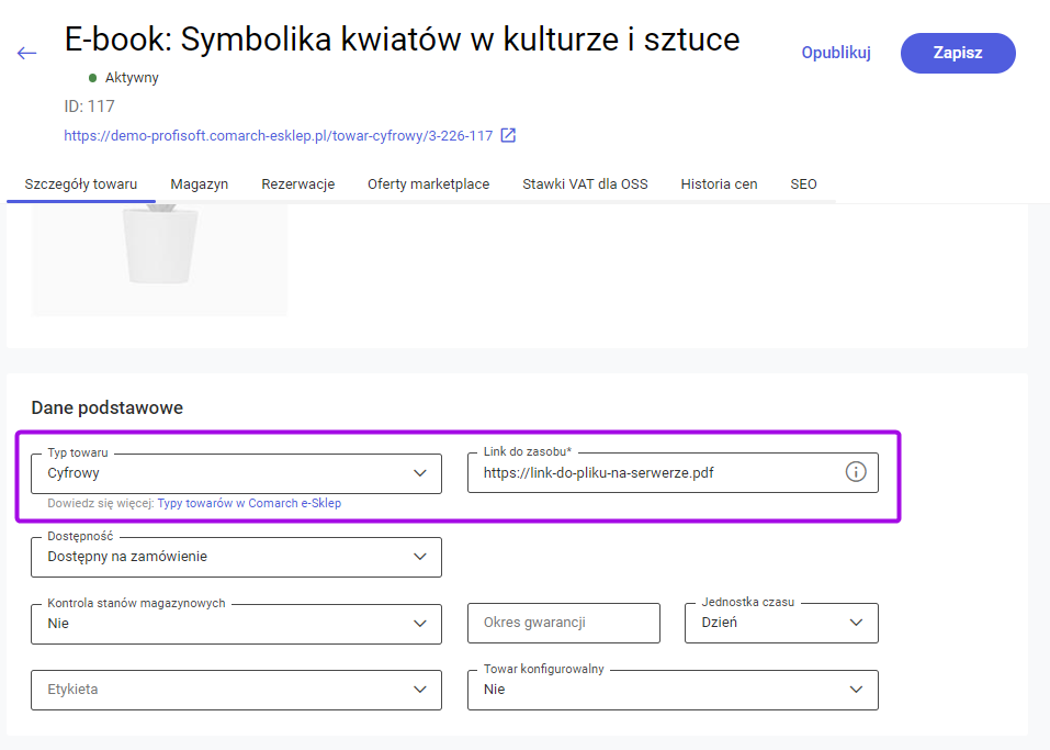 Panel zarządzania Comarch e-Sklep – konfiguracja kartoteki – produktu cyfrowego