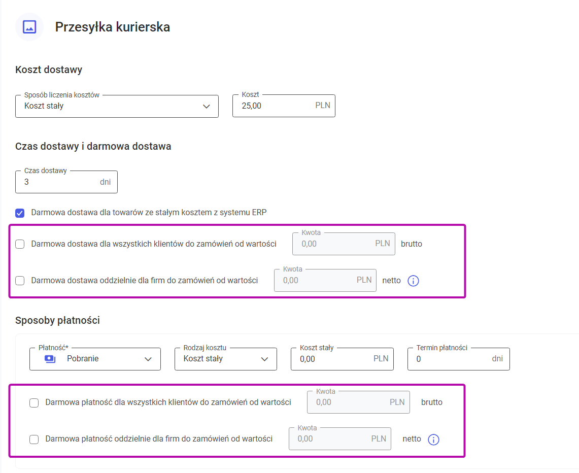 Ustawienia darmowej dostawy w Comarch e-Sklep