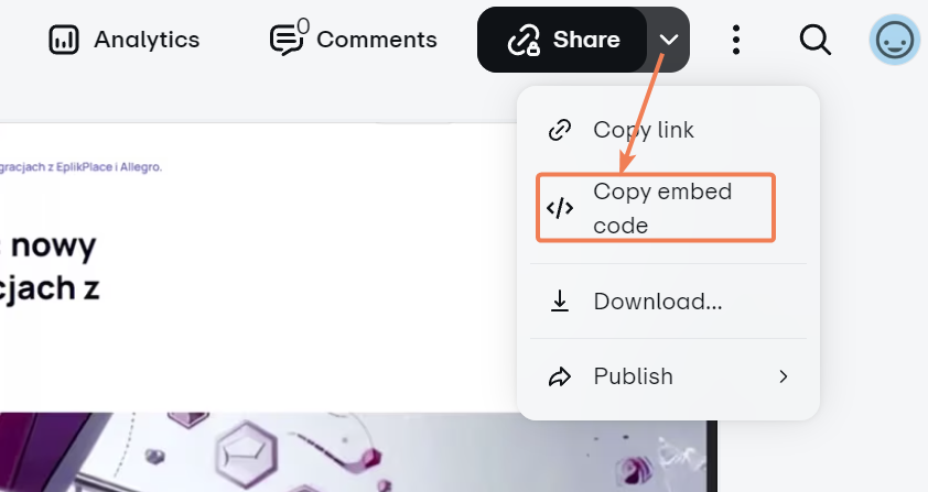 Opcja pobrania kodu osadzania (embed) na Vimeo.