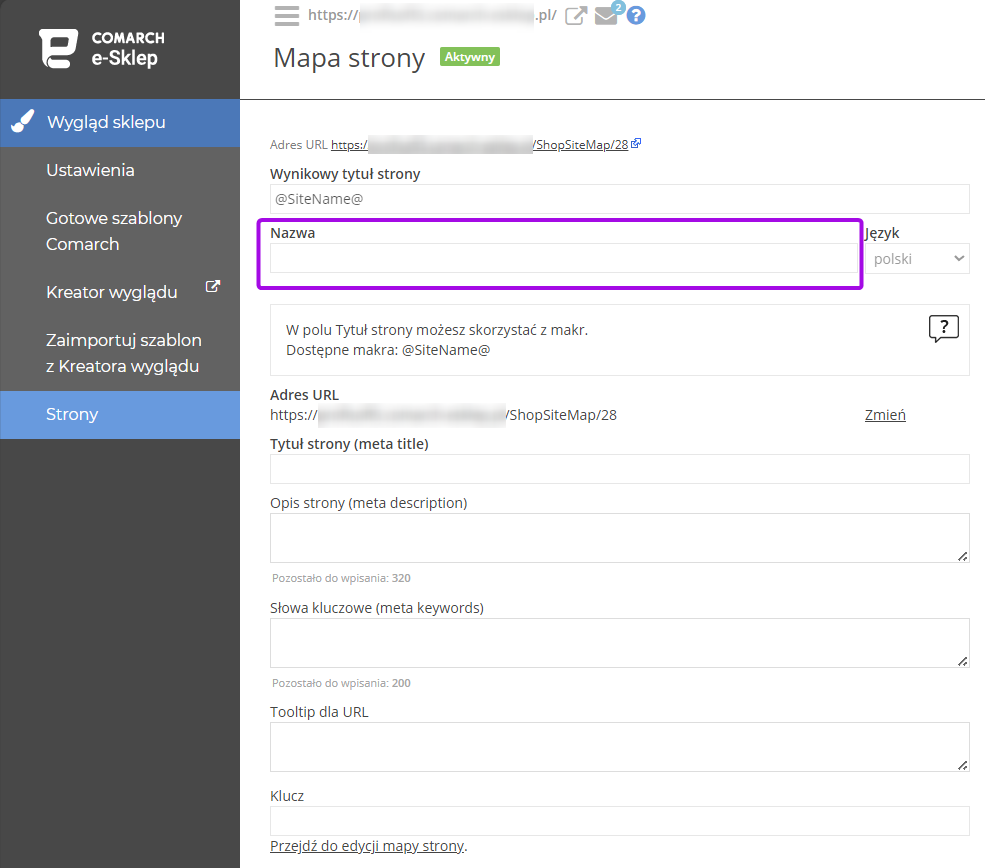 panel e-sklep - konfiguracja strony "Mapa strony" - brak nazwy