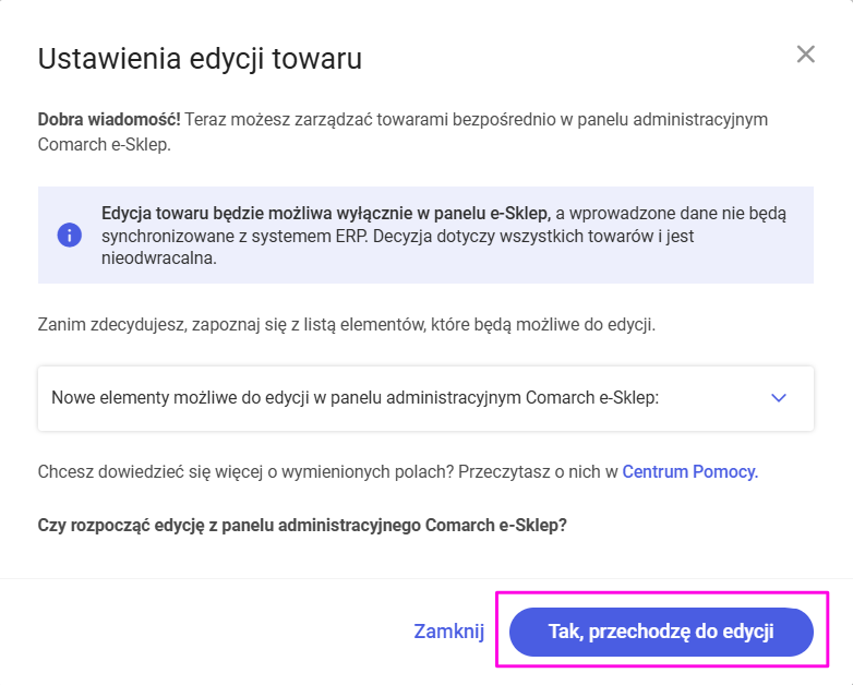 panel e-Sklep - komunikat potwierdzenia przeniesienia edycji towaru do esklep