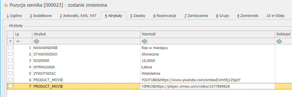 Atrybut z osadzonym filmem w Comarch ERP Optima.